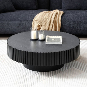 English Elm 35.43 Inch Round Coffee Table Fluted Pedestal Base Sculptural MDF for Compact Living Rooms Matt Black W876P362251