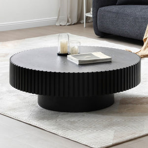 English Elm 35.43 Inch Round Coffee Table Fluted Pedestal Base Sculptural MDF for Compact Living Rooms Matt Black W876P362251