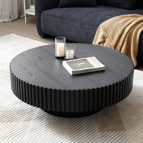 English Elm 35.43 Inch Round Coffee Table Fluted Pedestal Base Sculptural MDF for Compact Living Rooms Matt Black W876P362251