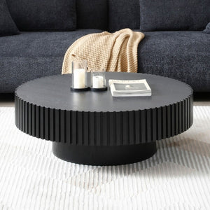 English Elm 35.43 Inch Round Coffee Table Fluted Pedestal Base Sculptural MDF for Compact Living Rooms Matt Black W876P362251