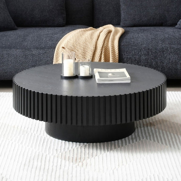 English Elm 35.43 Inch Round Coffee Table Fluted Pedestal Base Sculptural MDF for Compact Living Rooms Matt Black W876P362251