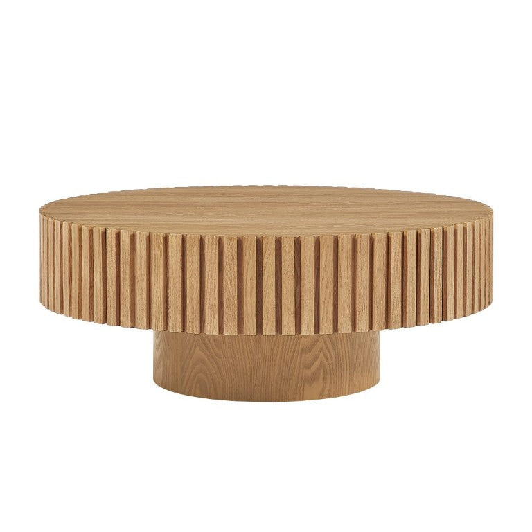 English Elm 35.43 Inch Round Coffee Table Fluted Pedestal Base Sculptural MDF for Compact Living Rooms Natural Ash W876P362252