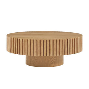 English Elm 35.43 Inch Round Coffee Table Fluted Pedestal Base Sculptural MDF for Compact Living Rooms Natural Ash W876P362252