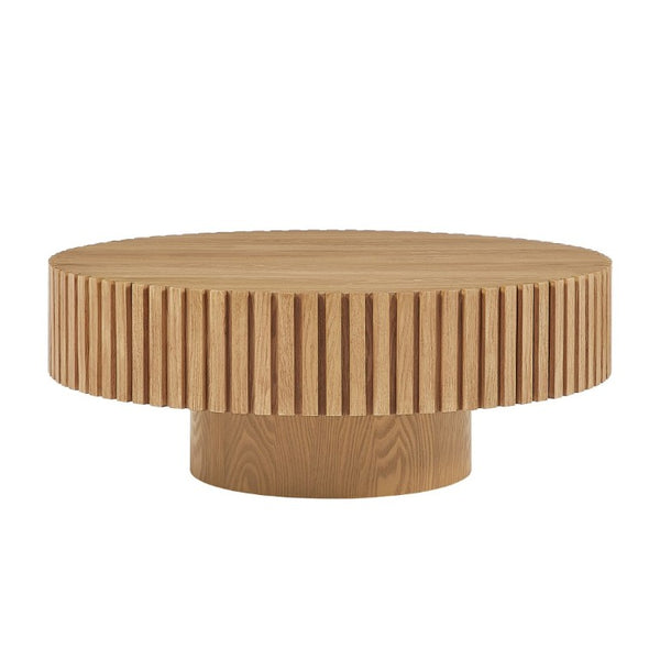 English Elm 35.43 Inch Round Coffee Table Fluted Pedestal Base Sculptural MDF for Compact Living Rooms Natural Ash W876P362252