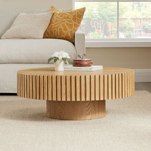 English Elm 35.43 Inch Round Coffee Table Fluted Pedestal Base Sculptural MDF for Compact Living Rooms Natural Ash W876P362252