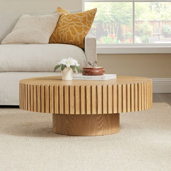 English Elm 35.43 Inch Round Coffee Table Fluted Pedestal Base Sculptural MDF for Compact Living Rooms Natural Ash W876P362252
