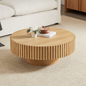 English Elm 35.43 Inch Round Coffee Table Fluted Pedestal Base Sculptural MDF for Compact Living Rooms Natural Ash W876P362252
