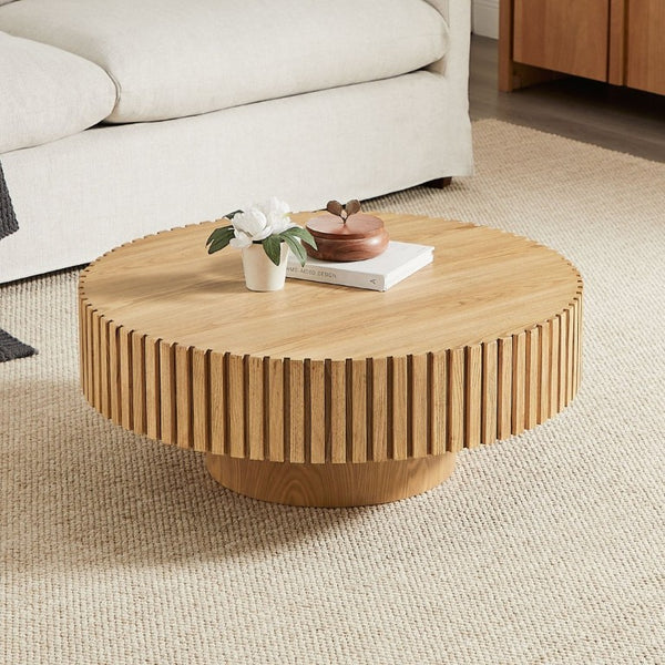 English Elm 35.43 Inch Round Coffee Table Fluted Pedestal Base Sculptural MDF for Compact Living Rooms Natural Ash W876P362252