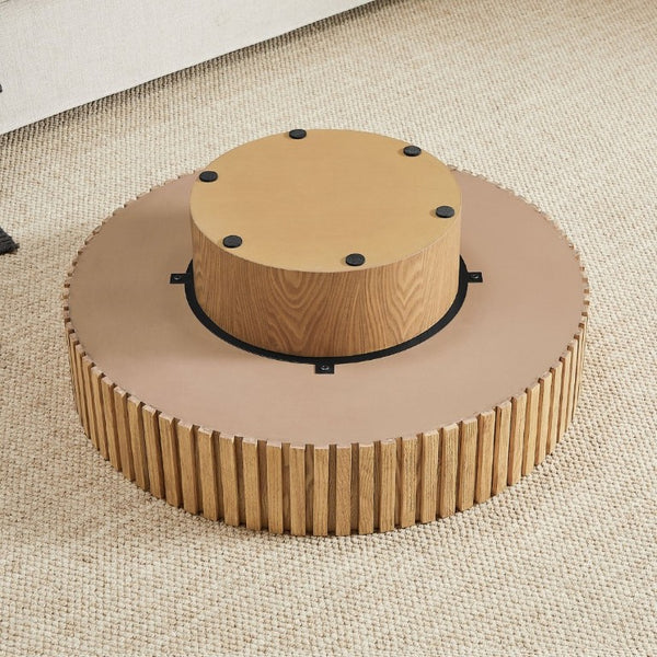 English Elm 35.43 Inch Round Coffee Table Fluted Pedestal Base Sculptural MDF for Compact Living Rooms Natural Ash W876P362252
