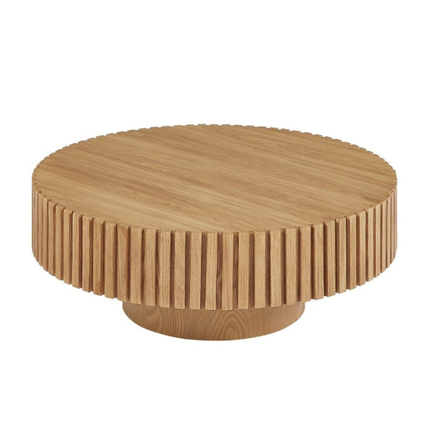 English Elm 35.43 Inch Round Coffee Table Fluted Pedestal Base Sculptural MDF for Compact Living Rooms Natural Ash W876P362252