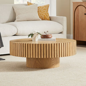 English Elm 35.43 Inch Round Coffee Table Fluted Pedestal Base Sculptural MDF for Compact Living Rooms Natural Ash W876P362252