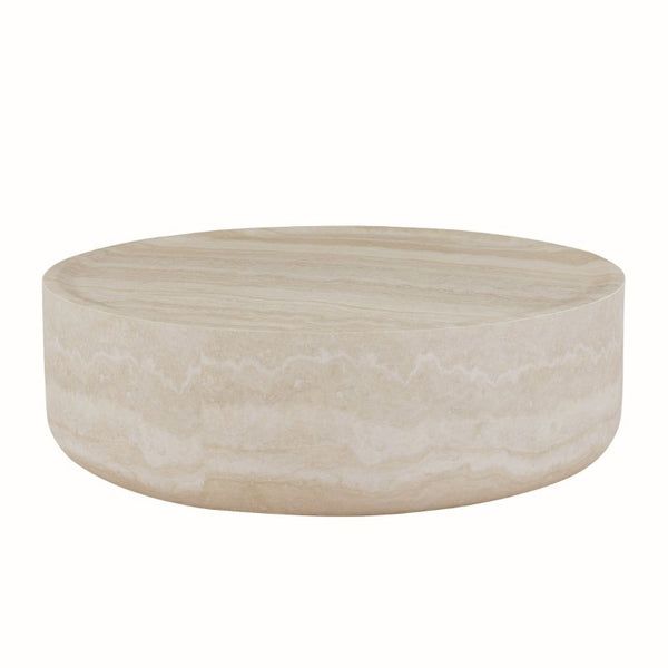 English Elm 43.31 Inch Round Fiberglass Coffee Table with Faux Travertine Texture Fully Assembled W876P511713