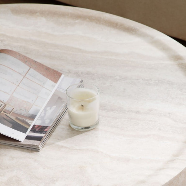 English Elm 43.31 Inch Round Fiberglass Coffee Table with Faux Travertine Texture Fully Assembled W876P511713
