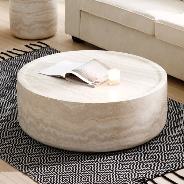 English Elm 43.31 Inch Round Fiberglass Coffee Table with Faux Travertine Texture Fully Assembled W876P511713