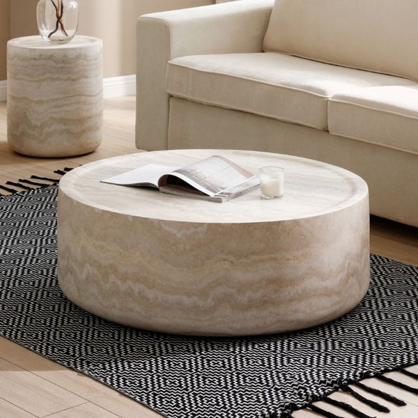 English Elm 43.31 Inch Round Fiberglass Coffee Table with Faux Travertine Texture Fully Assembled W876P511713