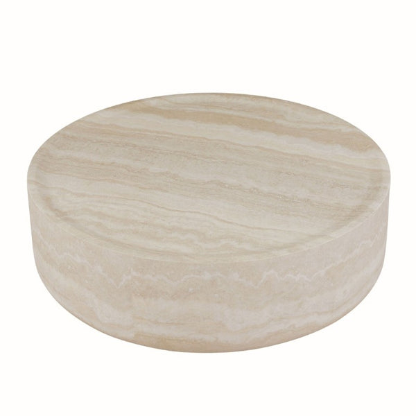 English Elm 43.31 Inch Round Fiberglass Coffee Table with Faux Travertine Texture Fully Assembled W876P511713
