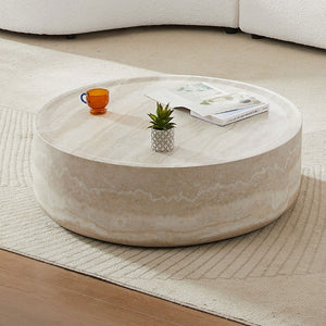 English Elm 43.31 Inch Round Fiberglass Coffee Table with Faux Travertine Texture Fully Assembled W876P511713
