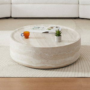 English Elm 43.31 Inch Round Fiberglass Coffee Table with Faux Travertine Texture Fully Assembled W876P511713