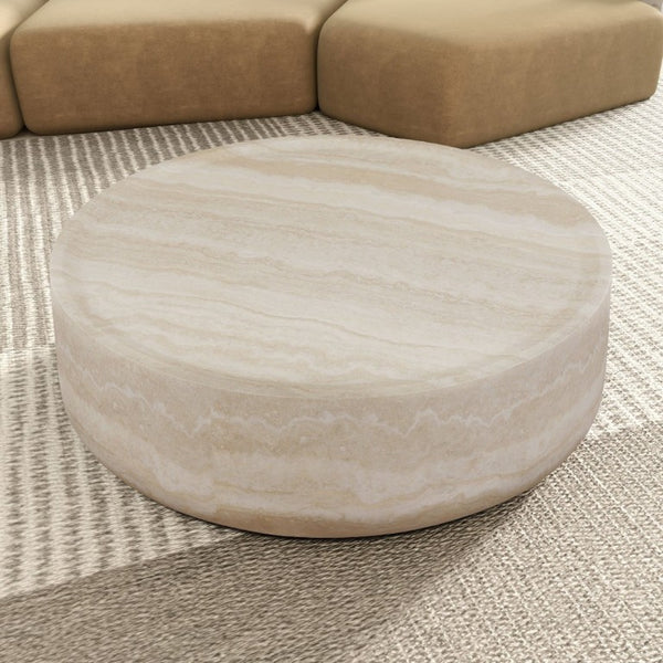 English Elm 43.31 Inch Round Fiberglass Coffee Table with Faux Travertine Texture Fully Assembled W876P511713