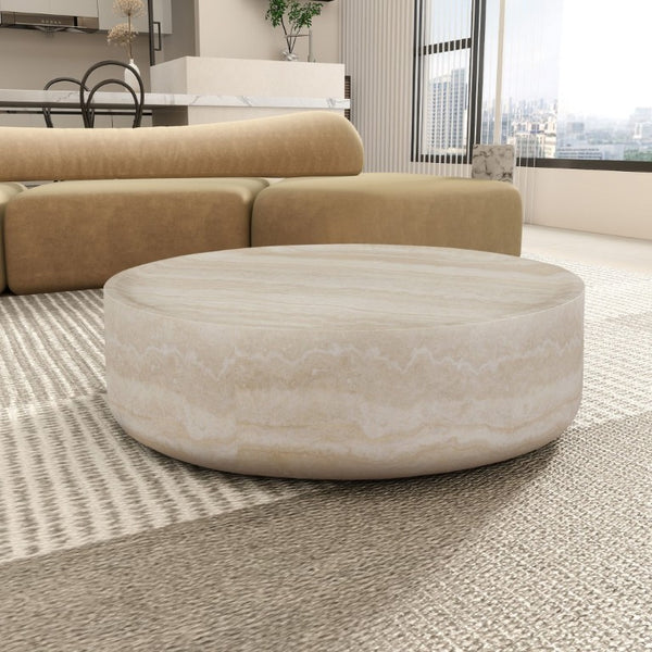 English Elm 43.31 Inch Round Fiberglass Coffee Table with Faux Travertine Texture Fully Assembled W876P511713
