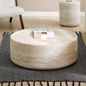 English Elm 43.31 Inch Round Fiberglass Coffee Table with Faux Travertine Texture Fully Assembled W876P511713