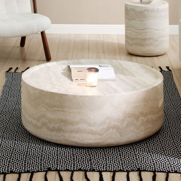 English Elm 43.31 Inch Round Fiberglass Coffee Table with Faux Travertine Texture Fully Assembled W876P511713