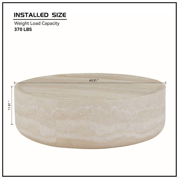 English Elm 43.31 Inch Round Fiberglass Coffee Table with Faux Travertine Texture Fully Assembled W876P511713