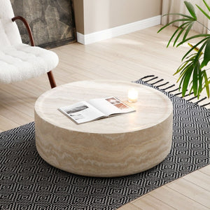 English Elm 43.31 Inch Round Fiberglass Coffee Table with Faux Travertine Texture Fully Assembled W876P511713