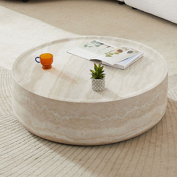 English Elm 43.31 Inch Round Fiberglass Coffee Table with Faux Travertine Texture Fully Assembled W876P511713