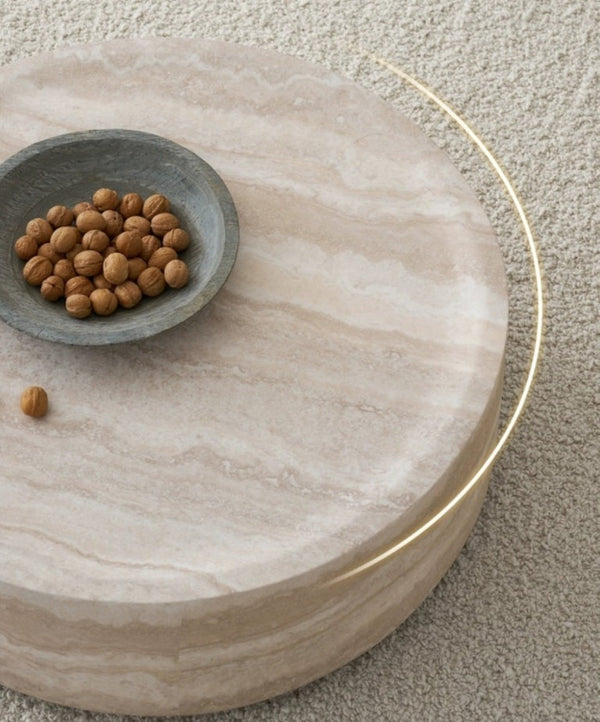 English Elm 43.31 Inch Round Fiberglass Coffee Table with Faux Travertine Texture Fully Assembled W876P511713