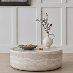 English Elm 43.31 Inch Round Fiberglass Coffee Table with Faux Travertine Texture Fully Assembled W876P511713