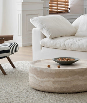 English Elm 43.31 Inch Round Fiberglass Coffee Table with Faux Travertine Texture Fully Assembled W876P511713
