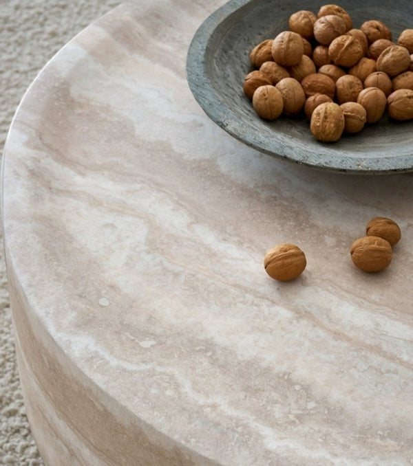 English Elm 43.31 Inch Round Fiberglass Coffee Table with Faux Travertine Texture Fully Assembled W876P511713