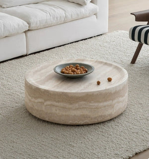 English Elm 43.31 Inch Round Fiberglass Coffee Table with Faux Travertine Texture Fully Assembled W876P511713