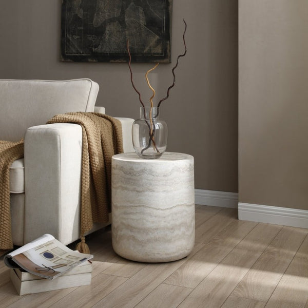English Elm 15.75 Inch Round Faux Travertine Fiberglass Coffee Table Fully Assembled Living Room W876P511721