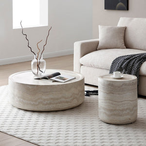 English Elm 15.75 Inch Round Faux Travertine Fiberglass Coffee Table Fully Assembled Living Room W876P511721