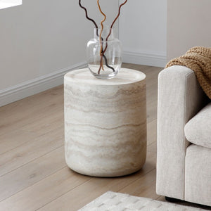 English Elm 15.75 Inch Round Faux Travertine Fiberglass Coffee Table Fully Assembled Living Room W876P511721