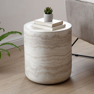 English Elm 15.75 Inch Round Faux Travertine Fiberglass Coffee Table Fully Assembled Living Room W876P511721