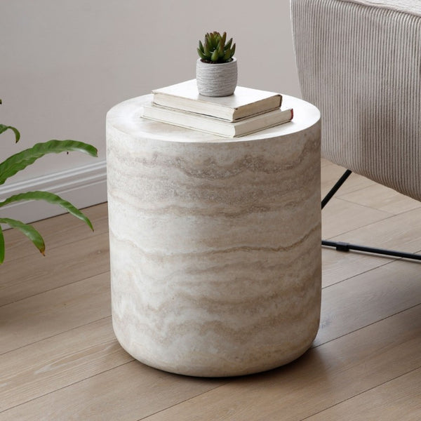English Elm 15.75 Inch Round Faux Travertine Fiberglass Coffee Table Fully Assembled Living Room W876P511721
