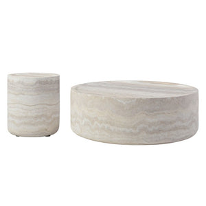 English Elm 15.75 Inch Round Faux Travertine Fiberglass Coffee Table Fully Assembled Living Room W876P511721