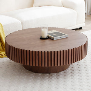 English Elm 39.37'' Round Mdf Pedestal Coffee Table Mid Century Modern Walnut Tone Living Room W876P515162