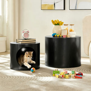 English Elm Cat Nest Cylindrical Nesting Tables Matte Wood Grain MDF Set for Modern Living Rooms Black W876P540337