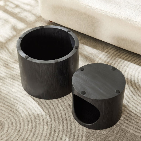 English Elm Cat Nest Cylindrical Nesting Tables Matte Wood Grain MDF Set for Modern Living Rooms Black W876P540337