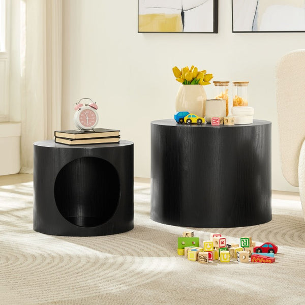 English Elm Cat Nest Cylindrical Nesting Tables Matte Wood Grain MDF Set for Modern Living Rooms Black W876P540337