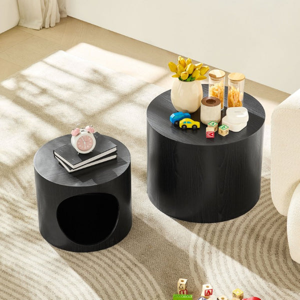 English Elm Cat Nest Cylindrical Nesting Tables Matte Wood Grain MDF Set for Modern Living Rooms Black W876P540337