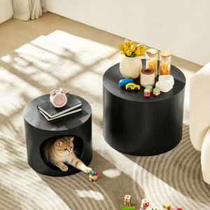English Elm Cat Nest Cylindrical Nesting Tables Matte Wood Grain MDF Set for Modern Living Rooms Black W876P540337