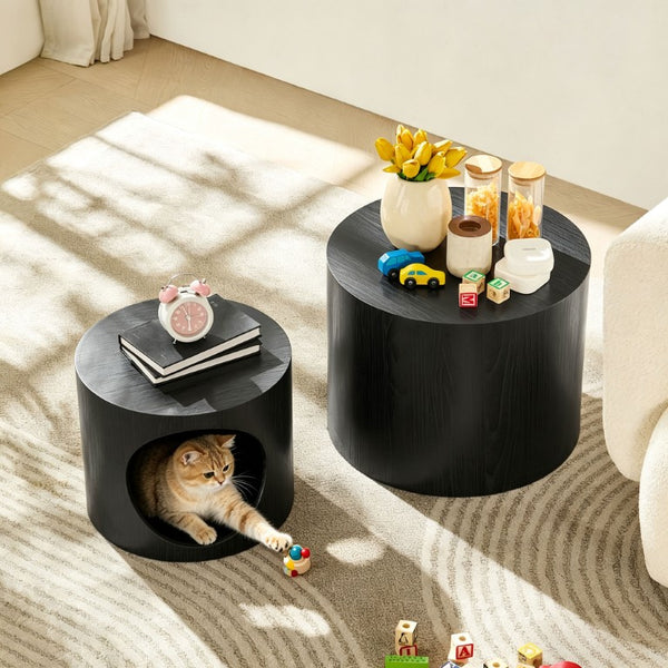 English Elm Cat Nest Cylindrical Nesting Tables Matte Wood Grain MDF Set for Modern Living Rooms Black W876P540337