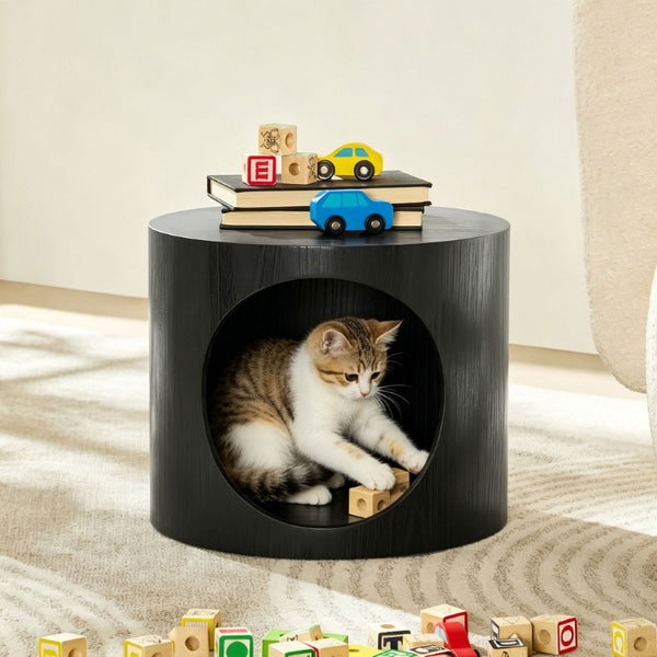 English Elm Cat Nest Cylindrical Nesting Tables Matte Wood Grain MDF Set for Modern Living Rooms Black W876P540337