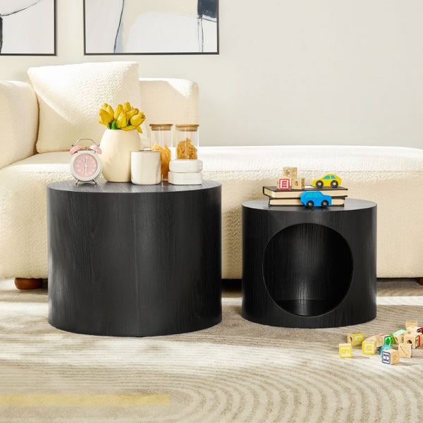 English Elm Cat Nest Cylindrical Nesting Tables Matte Wood Grain MDF Set for Modern Living Rooms Black W876P540337