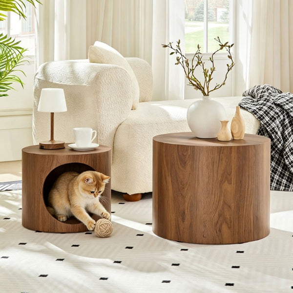 English Elm Cat Nest Cylindrical Nesting Tables Matte Wood Grain MDF Set for Modern Living Rooms Walnut Brown W876P540343